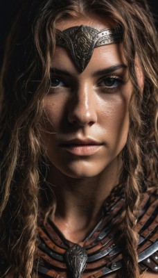 1girl,solo,long hair,looking at viewer,blue eyes,blonde hair,brown hair,brown eyes,jewelry,braid,parted lips,teeth,necklace,armor,lips,wavy hair,portrait,close-up,curly hair,circlet,realistic,nose,smile,1boy,male focus,twin braids,facial hair