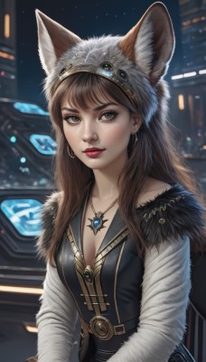 1girl,solo,long hair,breasts,looking at viewer,bangs,brown hair,hat,dress,animal ears,cleavage,brown eyes,jewelry,medium breasts,closed mouth,collarbone,upper body,earrings,outdoors,artist name,necklace,blurry,lips,fur trim,eyelashes,makeup,night,blurry background,lipstick,gem,night sky,pendant,freckles,realistic,nose,red lips,fur,fur coat,long sleeves,belt