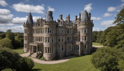 outdoors,sky,day,cloud,tree,blue sky,no humans,window,cloudy sky,grass,building,nature,scenery,forest,fantasy,road,bush,house,castle,tower,landscape,path,arch