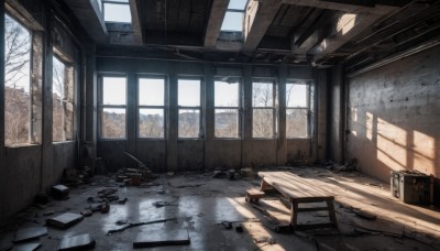 day,indoors,tree,book,no humans,window,chair,table,sunlight,box,scenery,desk,light rays,bench,ruins,broken,bare tree,broken glass,broken window,shadow,snow,wooden floor,floor,window shade,wood