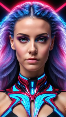 1girl,solo,long hair,breasts,looking at viewer,blue eyes,bare shoulders,closed mouth,blue hair,upper body,purple hair,multicolored hair,two-tone hair,lips,eyelashes,makeup,lipstick,portrait,forehead,eyeshadow,realistic,nose,eyeliner,straight-on,mascara,blue eyeshadow,pink hair,artist name,clothing cutout,bodysuit,gradient hair,glowing,expressionless,cleavage cutout,science fiction