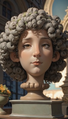 1girl,solo,looking at viewer,short hair,brown hair,brown eyes,closed mouth,flower,indoors,dark skin,blurry,dark-skinned female,lips,book,window,blurry background,shadow,sunlight,plant,portrait,freckles,curly hair,realistic,nose,book stack,grey hair,eyelashes,looking up,flower pot