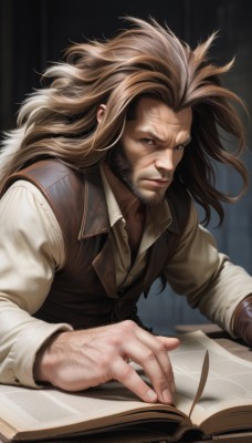 solo,long hair,looking at viewer,blue eyes,blonde hair,brown hair,shirt,long sleeves,1boy,closed mouth,white shirt,upper body,male focus,multicolored hair,collared shirt,indoors,blurry,vest,two-tone hair,fingernails,book,blurry background,facial hair,scar,beard,scar on face,mature male,open book,realistic,mustache,reading,manly,old,old man,brown vest,arm hair,quill,wrinkled skin,lips,veins