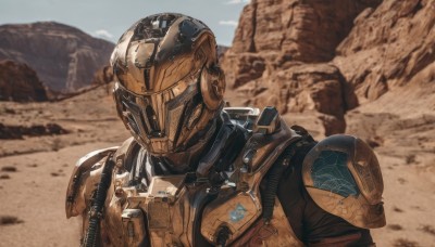 solo,1boy,upper body,weapon,male focus,outdoors,day,armor,blurry,gun,military,blurry background,helmet,shoulder armor,science fiction,mountain,realistic,power armor,desert,1girl,sky,blue sky,robot,portrait,rock,full armor