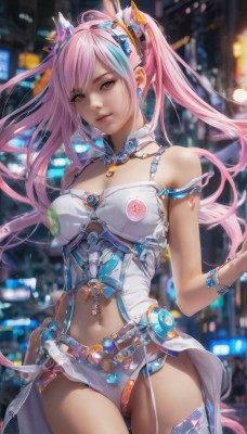 1girl,solo,long hair,breasts,looking at viewer,bangs,blue eyes,hair ornament,thighhighs,navel,cleavage,bare shoulders,twintails,jewelry,medium breasts,pink hair,multicolored hair,cowboy shot,earrings,blurry,bracelet,lips,streaked hair,detached collar,blurry background,headgear,garter straps,revealing clothes,navel cutout,closed mouth,standing,thighs,artist name,piercing,ear piercing,science fiction,realistic,navel piercing