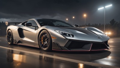 outdoors,sky,cloud,tree,no humans,night,cloudy sky,ground vehicle,motor vehicle,reflection,car,road,vehicle focus,lamppost,lights,wheel,sports car,solo,from side