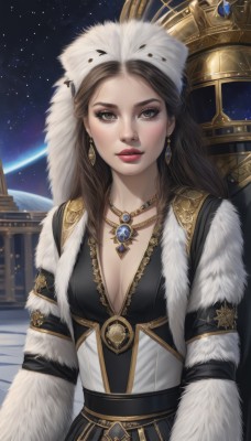 1girl,solo,long hair,breasts,looking at viewer,brown hair,hat,dress,cleavage,brown eyes,jewelry,medium breasts,closed mouth,upper body,earrings,sky,necklace,black dress,lips,fur trim,makeup,crown,lipstick,gem,star (sky),pendant,starry sky,nose,red lips,space,planet,fur hat,parted lips,artist name,eyeshadow,realistic,fur,gold,earth (planet)