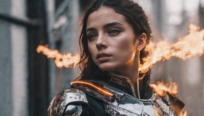 1girl,solo,long hair,black hair,brown eyes,upper body,parted lips,dark skin,armor,blurry,black eyes,dark-skinned female,lips,blurry background,fire,shoulder armor,portrait,forehead,realistic,nose,short hair,brown hair,looking to the side,looking away,smoke,science fiction