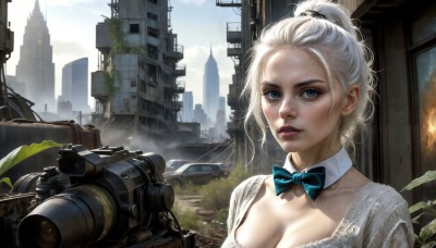 HQ,1girl,solo,breasts,looking at viewer,short hair,blue eyes,blonde hair,large breasts,bow,cleavage,medium breasts,collarbone,upper body,ponytail,weapon,white hair,outdoors,parted lips,sky,day,bowtie,lips,gun,eyelashes,makeup,detached collar,blue bow,scar,fire,plant,ground vehicle,building,motor vehicle,city,realistic,nose,blue bowtie,car,cityscape,ruins,skyscraper,overgrown,post-apocalypse,teeth,window,leaf,sunlight,scenery,scar on face,smoke,freckles,camera,dirty,mascara