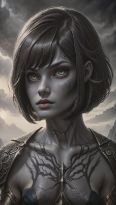 1girl,solo,breasts,looking at viewer,short hair,bangs,black hair,brown eyes,medium breasts,closed mouth,collarbone,yellow eyes,upper body,small breasts,outdoors,sky,artist name,cloud,armor,lips,eyelashes,tattoo,makeup,colored skin,bob cut,cloudy sky,shoulder armor,portrait,realistic,nose,red lips,grey skin,mascara,parted lips,watermark,facepaint,full-body tattoo