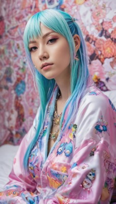 1girl,solo,long hair,breasts,looking at viewer,bangs,hair ornament,long sleeves,cleavage,jewelry,medium breasts,blue hair,upper body,flower,earrings,necklace,nail polish,blurry,black eyes,lips,eyelashes,aqua hair,makeup,blurry background,floral print,animal print,freckles,realistic,nose,japanese clothes,kimono