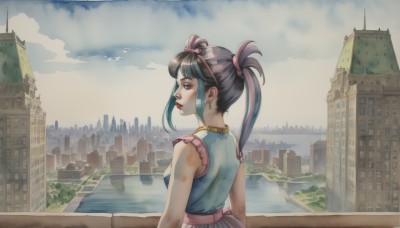 1girl,solo,long hair,breasts,looking at viewer,bangs,black hair,dress,ribbon,bare shoulders,twintails,jewelry,blue hair,hair ribbon,upper body,sidelocks,multicolored hair,earrings,outdoors,frills,sky,sleeveless,day,looking back,cloud,water,from behind,two-tone hair,lips,makeup,sleeveless dress,cloudy sky,blue shirt,lipstick,building,scenery,pink ribbon,city,red lips,cityscape,brown hair,shirt,brown eyes,profile,skyscraper