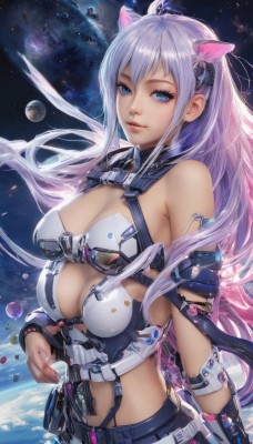 1girl,solo,long hair,breasts,looking at viewer,smile,bangs,blue eyes,large breasts,hair ornament,navel,animal ears,cleavage,bare shoulders,purple hair,parted lips,midriff,lips,clothing cutout,fake animal ears,light purple hair,science fiction,space,planet,earth (planet),cat ears,realistic