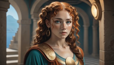 1girl,solo,long hair,looking at viewer,blue eyes,brown hair,dress,jewelry,closed mouth,collarbone,upper body,braid,earrings,blurry,lips,blue dress,freckles,curly hair,hoop earrings,realistic,nose,pillar,column,day,orange hair,wavy hair,sunlight,portrait,backlighting