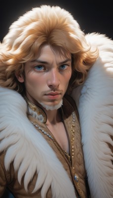 solo,looking at viewer,blue eyes,blonde hair,simple background,1boy,jewelry,closed mouth,upper body,male focus,necklace,lips,fur trim,facial hair,black background,portrait,beard,freckles,curly hair,realistic,nose,mustache,fur coat,short hair,bangs,brown hair,jacket,scar,pectorals,fur collar,serious,manly,chest hair