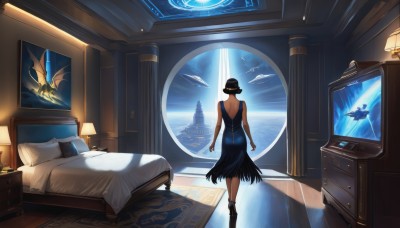 1girl,solo,short hair,black hair,hat,dress,bare shoulders,boots,sleeveless,indoors,from behind,pillow,book,window,bed,blue dress,on bed,back,table,scenery,walking,science fiction,backless outfit,dragon,lamp,backless dress,bedroom,planet,spacecraft,jewelry,standing,reflection,facing away