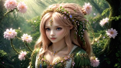 HQ,1girl,solo,long hair,breasts,looking at viewer,smile,blue eyes,blonde hair,hair ornament,dress,cleavage,jewelry,collarbone,upper body,flower,outdoors,parted lips,day,pointy ears,hair flower,necklace,blurry,tree,lips,leaf,sunlight,plant,elf,gem,portrait,nature,forest,green dress,circlet,light rays,realistic,nose,blush,medium breasts,makeup,tiara