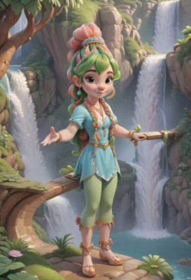 1girl,solo,long hair,breasts,looking at viewer,smile,hair ornament,dress,jewelry,standing,full body,braid,flower,short sleeves,multicolored hair,earrings,small breasts,outdoors,green hair,pants,water,necklace,black eyes,twin braids,bracelet,tree,sandals,plant,nature,outstretched hand,anklet,waterfall,blue eyes,hairband,artist name,leaf,watermark,thick eyebrows,grass,child,web address