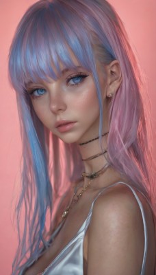 1girl,solo,long hair,breasts,looking at viewer,bangs,blue eyes,large breasts,simple background,dress,cleavage,bare shoulders,jewelry,medium breasts,blue hair,upper body,pink hair,multicolored hair,earrings,parted lips,choker,necklace,from side,two-tone hair,lips,eyelashes,makeup,piercing,pink background,ear piercing,freckles,realistic,nose,sleeveless,red background