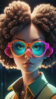 1girl,solo,looking at viewer,short hair,brown hair,shirt,jewelry,closed mouth,green eyes,upper body,earrings,glasses,collared shirt,artist name,dark skin,necklace,dark-skinned female,lips,eyelashes,makeup,watermark,sunglasses,lipstick,goggles,portrait,web address,curly hair,nose,tinted eyewear,pearl necklace,very dark skin,dreadlocks,afro,black hair,brown eyes,jacket,yellow eyes,close-up,backlighting,realistic