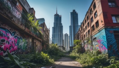 outdoors,sky,day,tree,blue sky,no humans,window,grass,plant,building,scenery,city,road,cityscape,ruins,street,skyscraper,graffiti,overgrown,broken window