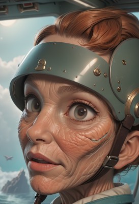 1girl,solo,looking at viewer,short hair,brown hair,brown eyes,outdoors,parted lips,sky,teeth,day,cloud,blue sky,lips,bird,helmet,portrait,close-up,realistic,aircraft,nose,airplane,signature,eyelashes,mountain