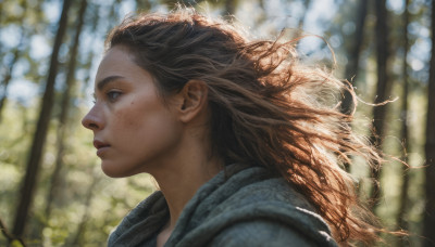 1girl, solo, long hair, brown hair, brown eyes, blurry, from side, lips, profile, depth of field, blurry background, portrait, freckles, realistic, nose, looking afar