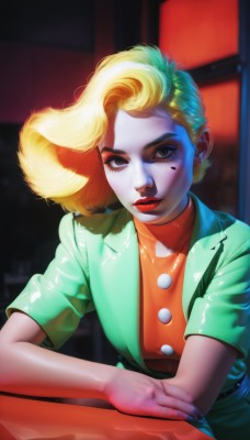 1girl,solo,long hair,looking at viewer,short hair,blonde hair,shirt,dress,jewelry,closed mouth,jacket,upper body,short sleeves,multicolored hair,earrings,parted lips,artist name,indoors,medium hair,nail polish,mole,blurry,black eyes,two-tone hair,lips,fingernails,eyelashes,mole under eye,makeup,buttons,floating hair,blurry background,colored skin,turtleneck,facial mark,lipstick,eyeshadow,blue nails,green jacket,nose,green shirt,red lips,mascara,mole on cheek,blue eyes,brown eyes,heart,watermark,web address,realistic,facepaint