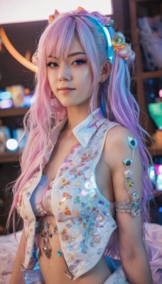 1girl,solo,long hair,breasts,looking at viewer,smile,bangs,blue eyes,hair ornament,navel,bare shoulders,twintails,jewelry,medium breasts,underwear,upper body,pink hair,multicolored hair,hairband,earrings,parted lips,open clothes,sleeveless,midriff,bra,blurry,vest,lips,makeup,blurry background,piercing,gem,armlet,realistic,nose,open vest,shirt,closed mouth,blue hair,purple hair,artist name,indoors,two-tone hair,open shirt,sleeveless shirt,depth of field,crystal,unbuttoned,unbuttoned shirt