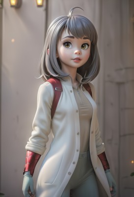 1girl,solo,breasts,looking at viewer,short hair,bangs,brown hair,shirt,gloves,brown eyes,medium breasts,standing,ahoge,grey hair,cowboy shot,small breasts,parted lips,open clothes,teeth,pants,artist name,medium hair,bag,blurry,lips,coat,buttons,blurry background,thick eyebrows,backpack,white pants,nose,arms at sides,white coat,yellow eyes,fingerless gloves,clenched hands,freckles,open coat,mechanical arms,single mechanical arm