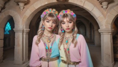 long hair,breasts,looking at viewer,smile,bangs,multiple girls,brown hair,hair ornament,long sleeves,dress,2girls,cleavage,brown eyes,jewelry,closed mouth,upper body,braid,flower,earrings,belt,indoors,necklace,lips,makeup,siblings,drill hair,sisters,gem,curly hair,twins,pink lips,realistic,headdress,pillar,side-by-side,arch,column,blonde hair,twintails,medium breasts,parted lips,lipstick,pink dress,twin drills