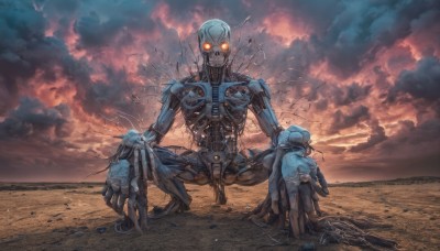 solo,looking at viewer,yellow eyes,outdoors,sky,cloud,orange eyes,no humans,glowing,cloudy sky,robot,mecha,glowing eyes,science fiction,cable,damaged,mechanical parts,wire,ocean,squatting,carrying,monster,realistic,skeleton,debris,humanoid robot