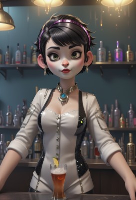 1girl,solo,breasts,looking at viewer,blush,smile,short hair,bangs,shirt,black hair,long sleeves,cleavage,jewelry,medium breasts,closed mouth,green eyes,white shirt,upper body,hairband,earrings,food,choker,indoors,necklace,collar,cup,lips,eyelashes,makeup,fruit,swept bangs,thick eyebrows,bottle,lipstick,gem,pendant,alcohol,sleeves rolled up,eyeshadow,drinking glass,zipper,nose,drink,red lips,glass,stud earrings,light,lamp,eyeliner,shelf,orange (fruit),mascara,lemon,bar (place),lights,counter,cocktail glass,ceiling light,lemon slice,bartender,cocktail