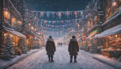 black hair, 1boy, standing, boots, outdoors, sky, from behind, coat, fur trim, night, building, scenery, snow, lantern, snowing, city, sign, winter clothes, road, winter, shop, string of flags, pennant