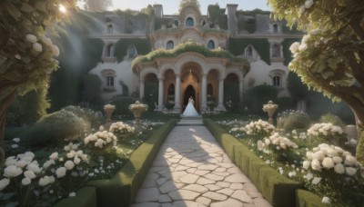 1girl,solo,long hair,brown hair,dress,standing,flower,outdoors,day,white dress,tree,sunlight,grass,plant,white flower,building,nature,scenery,light rays,fantasy,light,road,bush,sunbeam,house,path,arch,sky,no humans,stairs,architecture,ruins,bridge,pillar,statue,moss,garden