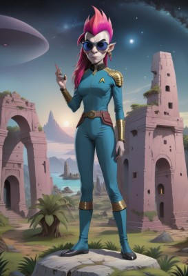 1girl,solo,long hair,breasts,looking at viewer,smile,jewelry,medium breasts,standing,full body,pink hair,red hair,earrings,boots,outdoors,sky,pointy ears,belt,artist name,uniform,tree,bodysuit,colored skin,watermark,moon,sunglasses,grass,star (sky),web address,starry sky,science fiction,sun,space,bracer,planet,alien,spacecraft,mohawk,armor,cosplay,knee boots,plant,spiked hair,blue skin,tinted eyewear,shoulder pads,blue bodysuit,pink skin