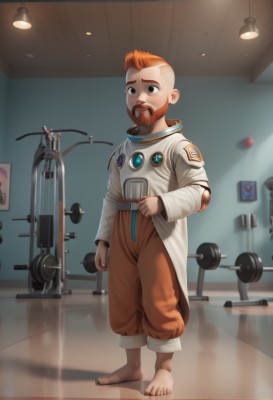 solo,open mouth,1boy,brown eyes,standing,full body,male focus,barefoot,teeth,indoors,orange hair,black eyes,facial hair,beard,mustache,male child,bald,ceiling light,short hair,realistic,labcoat,spacesuit,mohawk