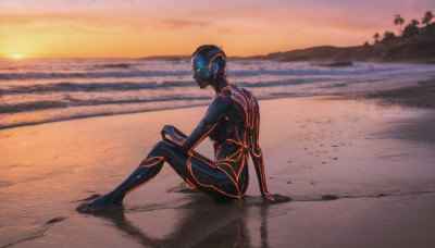 1girl, solo, 1boy, sitting, outdoors, from side, bodysuit, glowing, ocean, beach, science fiction, sunset