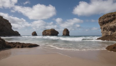 outdoors,sky,day,cloud,water,blue sky,no humans,ocean,beach,cloudy sky,scenery,rock,sand,horizon,waves,shore