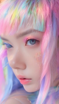 1girl,solo,long hair,looking at viewer,bangs,blue eyes,animal ears,blue hair,pink hair,multicolored hair,parted lips,artist name,blurry,lips,eyelashes,makeup,watermark,lipstick,portrait,web address,close-up,eyeshadow,pink lips,realistic,nose,red lips,colorful,mascara,rainbow hair,blunt bangs,gradient hair