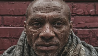 solo,looking at viewer,1boy,jewelry,closed mouth,male focus,earrings,dark skin,black eyes,facial hair,dark-skinned male,portrait,realistic,bald,manly,brick wall,beard,close-up,very short hair