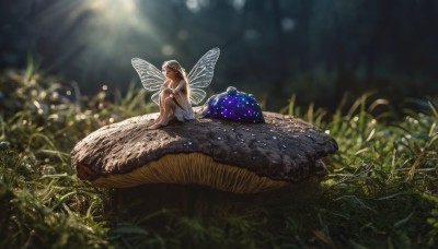 1girl,solo,long hair,brown hair,dress,bare shoulders,sitting,closed eyes,outdoors,wings,barefoot,sleeveless,white dress,blurry,tree,bare arms,depth of field,blurry background,sunlight,grass,plant,nature,scenery,light particles,forest,minigirl,light rays,fairy wings,fairy,mushroom,wide shot,butterfly wings,black hair,day,artist name,from side,bare legs,blue dress,animal,leaf,strapless dress,knees up,realistic,fantasy,hugging own legs,transparent wings