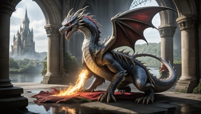 HQ,solo,open mouth,red eyes,holding,tail,weapon,outdoors,wings,horns,sky,teeth,day,sword,cloud,signature,water,holding weapon,tree,no humans,glowing,fangs,holding sword,cloudy sky,fire,sharp teeth,scenery,claws,reflection,mountain,fantasy,dragon,scales,ruins,pillar,castle,dragon wings,arch,column,breathing fire,flaming weapon,flaming sword,glowing eyes