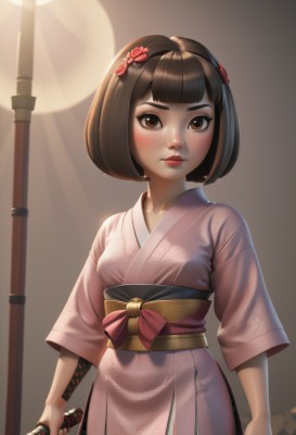 1girl,solo,breasts,looking at viewer,blush,short hair,bangs,brown hair,hair ornament,holding,brown eyes,closed mouth,standing,weapon,flower,cowboy shot,small breasts,japanese clothes,sword,artist name,hair flower,wide sleeves,blunt bangs,kimono,holding weapon,lips,sash,makeup,holding sword,obi,bob cut,katana,lipstick,sheath,nose,red lips,pink kimono,short kimono,naginata,bow,lamppost