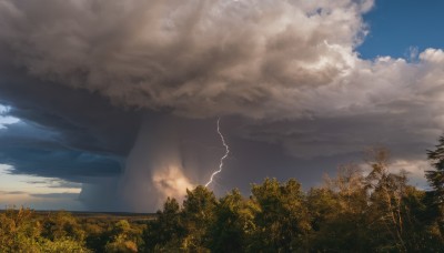 outdoors,sky,day,cloud,tree,blue sky,no humans,cloudy sky,grass,nature,scenery,forest,mountain,electricity,lightning,landscape