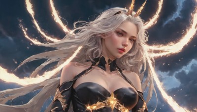 1girl,solo,long hair,breasts,looking at viewer,dress,cleavage,bare shoulders,medium breasts,collarbone,upper body,white hair,grey hair,hairband,parted lips,detached sleeves,sky,cloud,black dress,lips,grey eyes,floating hair,cloudy sky,crown,realistic,red lips,blue eyes,blonde hair,large breasts,very long hair,green eyes,horns,detached collar