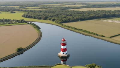 outdoors,sky,day,water,tree,no humans,grass,building,nature,scenery,forest,reflection,road,house,bridge,river,castle,tower,boat,landscape,lake,path,reflective water,cloud,blue sky,mountain,horizon,bush,field,scarlet devil mansion,traffic cone