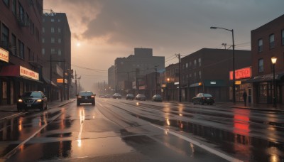 outdoors,sky,cloud,water,no humans,cloudy sky,ground vehicle,building,scenery,motor vehicle,reflection,sunset,city,sign,car,road,cityscape,power lines,lamppost,street,utility pole,evening,road sign,puddle,traffic light,crosswalk,light,twilight