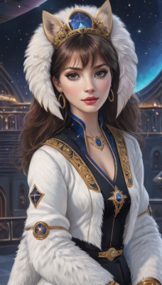 1girl,solo,long hair,breasts,looking at viewer,bangs,brown hair,long sleeves,dress,animal ears,cleavage,brown eyes,jewelry,medium breasts,closed mouth,collarbone,upper body,earrings,sky,belt,cat ears,necklace,black eyes,black dress,bracelet,lips,coat,grey eyes,fur trim,eyelashes,makeup,night,fake animal ears,wavy hair,tiara,crown,lipstick,gem,star (sky),night sky,pendant,starry sky,gold trim,hoop earrings,nose,red lips,space,artist name,realistic,white coat