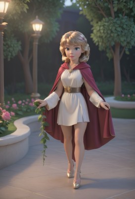 1girl,solo,looking at viewer,smile,short hair,blue eyes,blonde hair,hair ornament,dress,standing,full body,flower,outdoors,belt,medium hair,cape,white dress,blurry,tree,lips,bare legs,night,rose,short dress,sandals,white footwear,plant,pink flower,realistic,red cape,bush,pink rose,lamppost,pink cape,breasts,artist name,high heels,walking,fountain